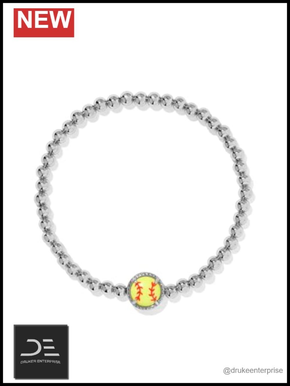 Stretch Bracelet Softball Design Rhodium Plated Brass Magnesite